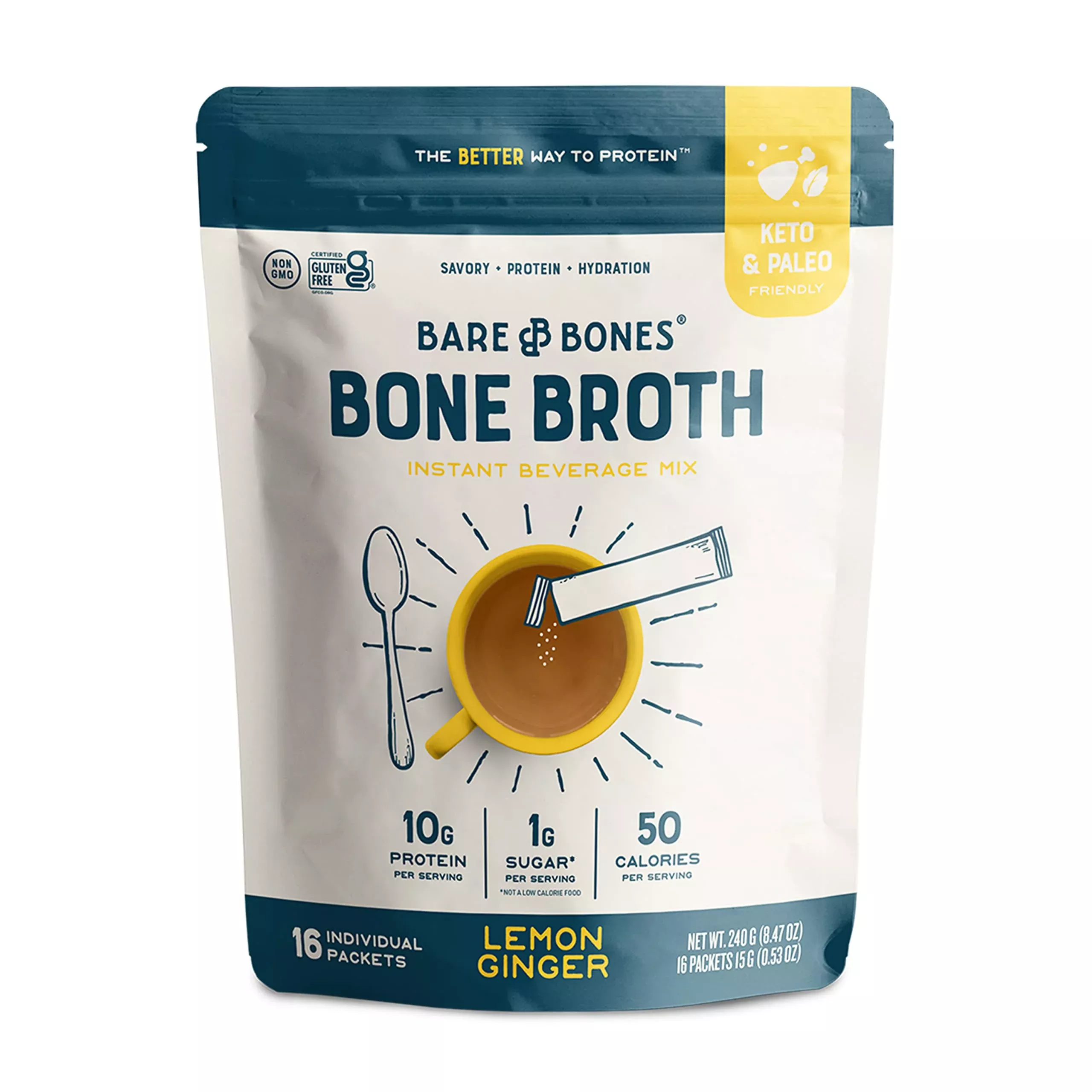 Bare Bones Bone Broth Instant Powdered Mix, Lemon Ginger, Pack Of 16, 15G Sticks, 10G Protein, Keto & Paleo Friendly Bone Broth