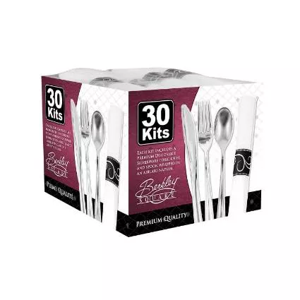 Pre-Rolled Napkin and Silver Plastic Cutlery Set, 30 Kits, 120 Count